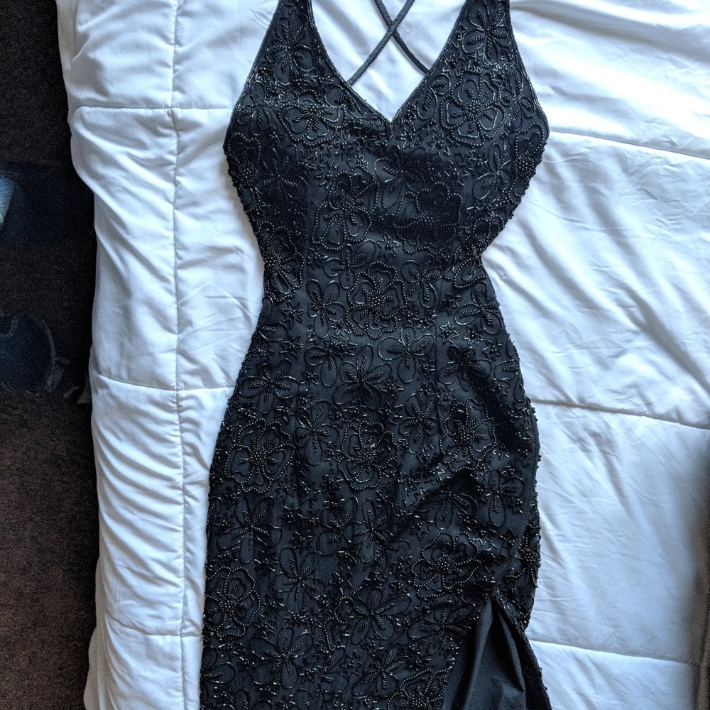 Vintage Silk Hand Beaded Black Dress Gown Wedding - Picture 3 of 8